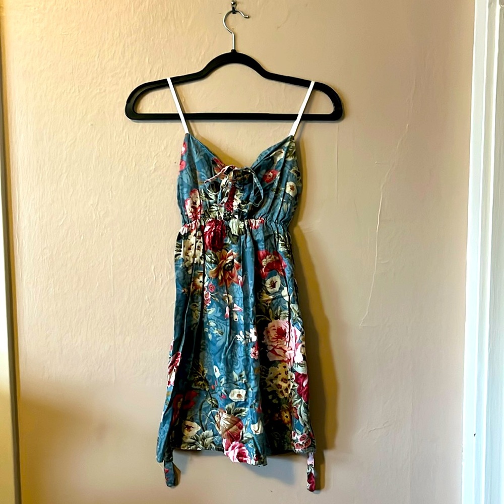 Vintage Floral Print Adjustable Front Spaghetti Straps Mini Tie Waist Dress XS